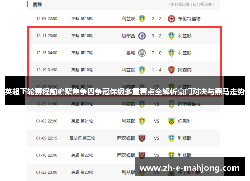 英超下轮赛程前瞻聚焦争四争冠保级多重看点全解析豪门对决与黑马走势 英超下轮赛程前瞻聚焦争四争冠保级多重看点全解析豪门对决与黑马走势