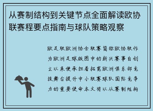从赛制结构到关键节点全面解读欧协联赛程要点指南与球队策略观察
