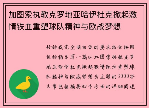 加图索执教克罗地亚哈伊杜克掀起激情铁血重塑球队精神与欧战梦想 加图索执教克罗地亚哈伊杜克掀起激情铁血重塑球队精神与欧战梦想